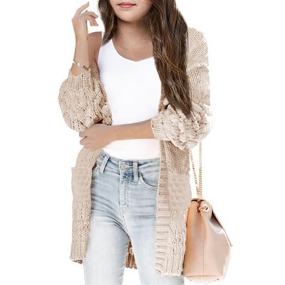 Girls Sweater Cardigan Open Front Longline Sweater Cable Knit Sweater Long Sleeve Color Block Sweater,Apricot(with Pocket) - L