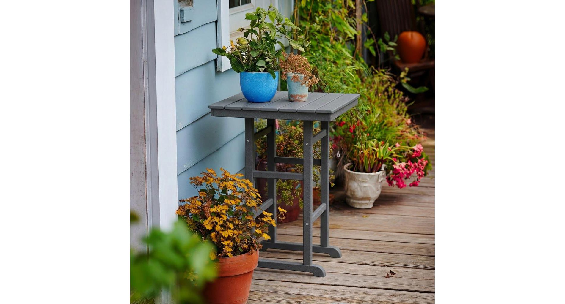 HDPE Poly Lumber Bar Height Patio Table, All-Weather Outdoor Bistro Table with Slatted Top, Stable Frame for Deck Poolside Balcony