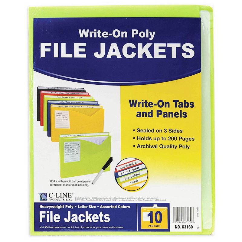 C-Line® Write-On Poly File Jackets, Assorted Colors, 11" x 8-1/2", 10 Per Pack, 2 Packs, 3 of 5