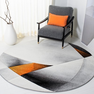 Round Grey and Orange Synthetic Non-Slip Stain-Resistant Rug