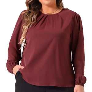 Agnes Orinda Women's Plus Size Work Office Crew Neck Pleated Long Sleeve Blouse - 1 of 4
