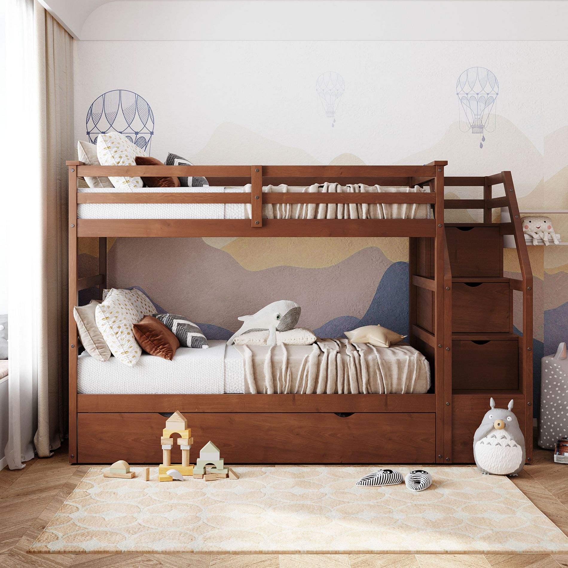 YOOCOZZ Twin-Over-Twin Bunk Bed with Twin Size Trundle and 3 Storage Stairs-Walnut
