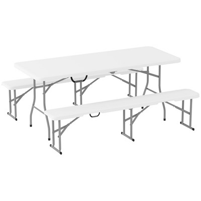Outsunny 6FT 3-Piece Portable Picnic Table Bench Set with Carrying Handles, Folding Camping Table and Chairs, White