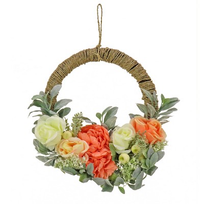 20" Artificial Peony, Rose, and Lamb’s Ear Hoop Wreath - National Tree Company