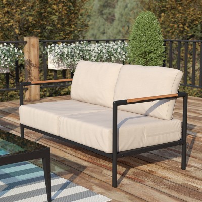 Modern Black Steel Frame Loveseat with Beige Cushions