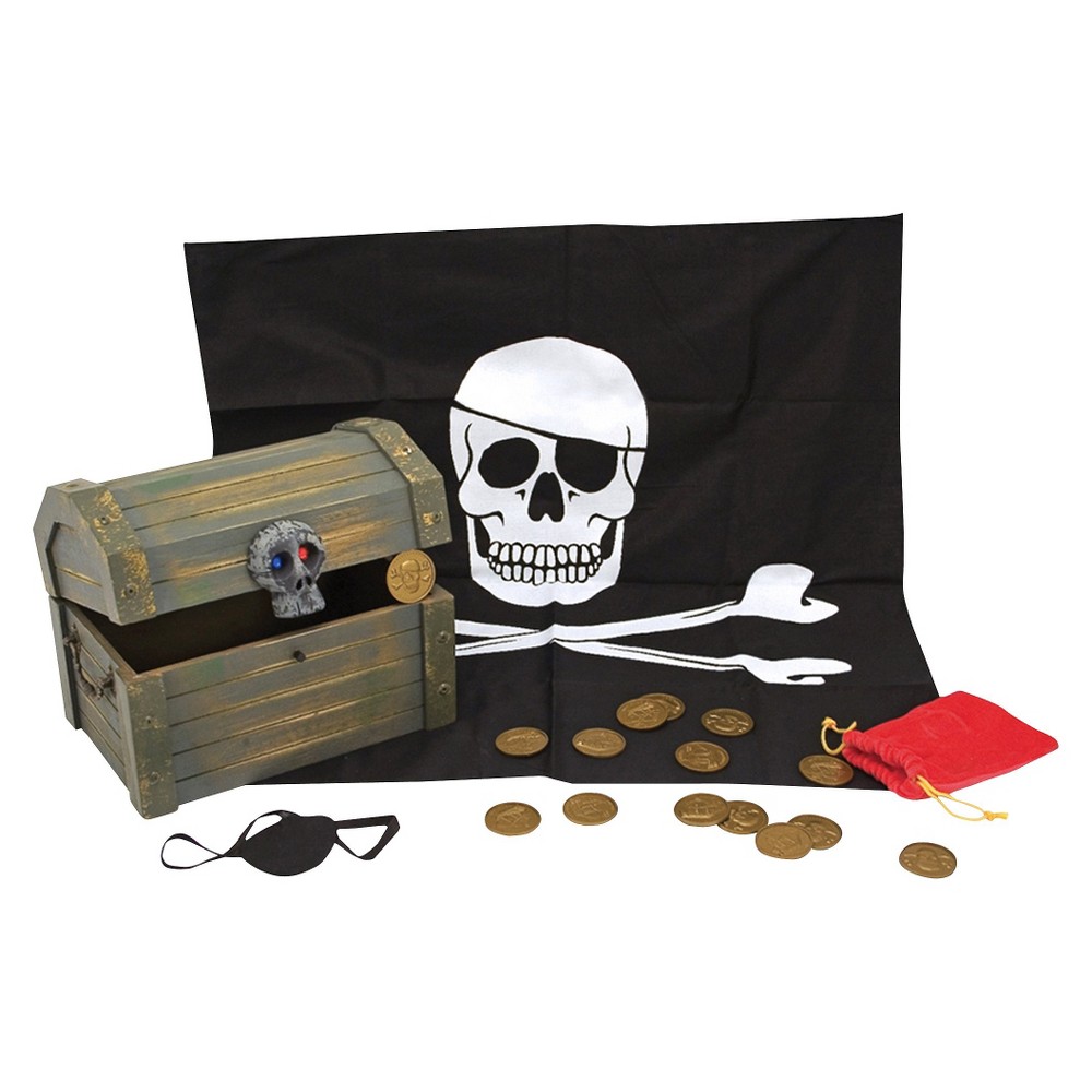 Melissa & Doug Wooden Pirate Chest Pretend Play Set Ahoy, Matey! Store your treasures in this wooden pirate chest! The hinged, hand-stained chest features a bejeweled skull lock. Included in the set are a pirate bandana, an eyepatch, a velvety loot bag, golden doubloon coins and a secret compartment to stash away your most valuable loot! This pretend play set encourages creative, imaginative play, and is an ideal gift for kids ages 6 to 8. Add our Melissa and Doug Pirate Role Play Costume Set to round out the hands-on, screen-free play experience. For more than 30 years, Melissa and Doug has created beautifully-designed imagination- and creativity-sparking products that NBC News called “the gold standard in early childhood play.” We design every toy to the highest-quality standards, and to nurture minds and hearts. If your child is not inspired, give us a call and we'll make it right. Our phone number is on every product!