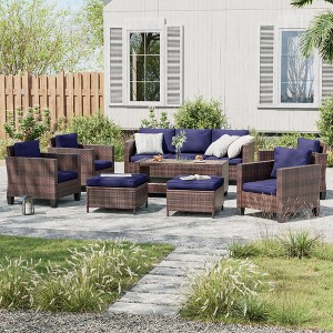 Sonkuki 8-Piece Rattan Patio Furniture Set Coversation Set Outdoor Sofa Couch w/ Chairs, Side Table and Ottoman, Navy Blue Cushion - 1 of 4