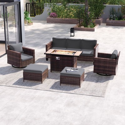 Sonkuki 6-Piece Patio Sofa with Rectangle Fire Pit Table and Swivel Rocking Chairs, Patio Conversation Couch with Cushion