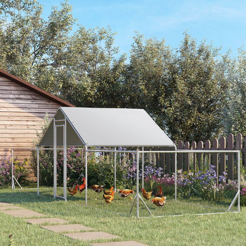 PawHut Chicken Run, 23' x 6.6' Large Chicken Coop with Weather-Resistant Cover, Metal Chicken Cage for 12-14 Chickens, Silver, 3 of 7