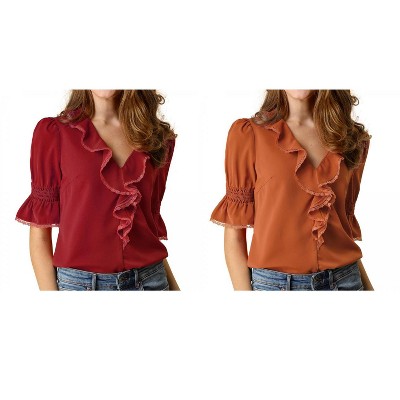 Allegra K Women's Ruffle V Neck Puff Sleeve Summer Casual Chiffon Peasant Top 2 Packs