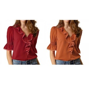 Allegra K Women's Ruffle V Neck Puff Sleeve Summer Casual Chiffon Peasant Top 2 Packs - 1 of 4