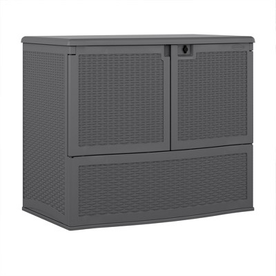 Suncast Backyard Oasis 195 Gallon Vertical Deck Box, Waterproof Outdoor Storage Cabinet, Patio Furniture Container, and Garden Organizer, Cool Gray