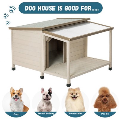 GustoWave 41x43'' Fir Wood Dog House with Open Roof and Terrace - Ideal for Small to Medium Dogs - Weatherproof, Sturdy Construction