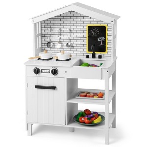 Costway Kids Farmhouse Kitchen Play Set Wooden Pretend Toy with Storage & Accessories - 1 of 4