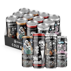 Bones Coffee Company Variety Pack Flavored Coffee, S'morey Time, Salty Siren, Holy Cannoli and Cookies N' Dreams Ready To Drink Latte Coffee in Can - 1 of 4