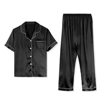 Men's Slim Fit Casual Comfortable Black Pajamas Set, Simulated Silk  Loungewear Short Sleeve Button Down Shirt Top & Shorts For Summer