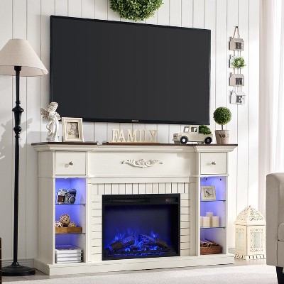 SinCiDo Farmhouse 54" W LED Fireplace TV Cabinet w/ 7 Lighting Colors,Freestanding Electric Fireplace Heater, 4 Adjustable Shelves & 2 Drawers