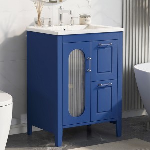 FAMYYT 24 in. Single Sink Freestanding Blue Bath Vanity with White Ceramic Top, 2 Drawers, Adjustable Shelf - 1 of 4