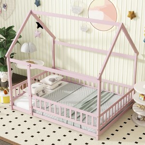 NicBex Twin/Full Size House Bed Frame,Toddler Floor Platform Bed with Roof Frame and Guardrails,Montessori Floor Bed for Kids,Adults,Teens - 1 of 4