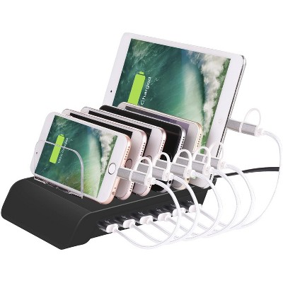 Wasserstein 6 Port USB Charging Station Dock for iPhone, iPad, Android Phones and Tablets with Lightning, Micro USB and USB Type-C Cables