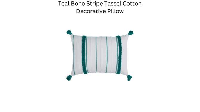 VCNY 14&#34;x20&#34; Oversize Boho Striped Tassel Cotton Lumbar Throw Pillow Teal, 2 of 6, play video