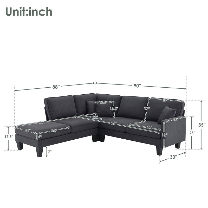 90" Terry Fabric Modern L Shaped Sectional Sofa, 5 Seater Sofa Set with Chaise Lounge and 3 Pillows - ModernLuxe, 3 of 13