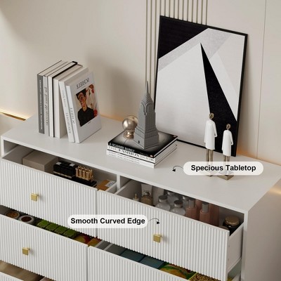 White and Gold Fluted 6-Drawer Dresser with Curved Design