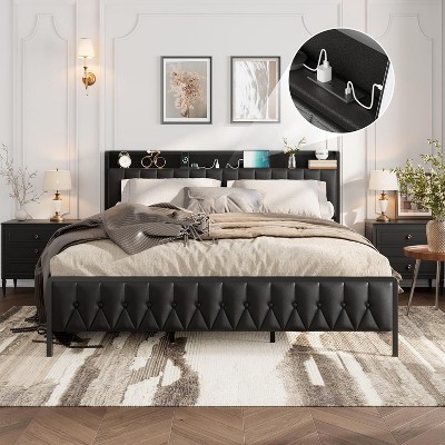coucheta Bed Frame with PU Faux Leather,Headboard with Charging Station,Platform Bed Frame with Storage,Noise-Free,No Box Spring Needed,Easy Assembly