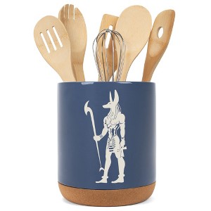 Elanze Designs Kitchen Utensil Holder With Non Slip Cork Base Large 8 Inch Ceramic Storage Crock Egyptian Icon Countertop Organizer Anubis Navy Blue - 1 of 4