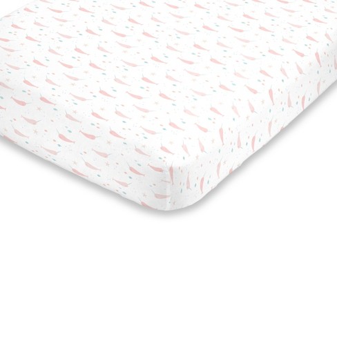 NoJo Super Soft Pink Aqua and White Watercolor Narwhal Fitted Mini Crib Sheet