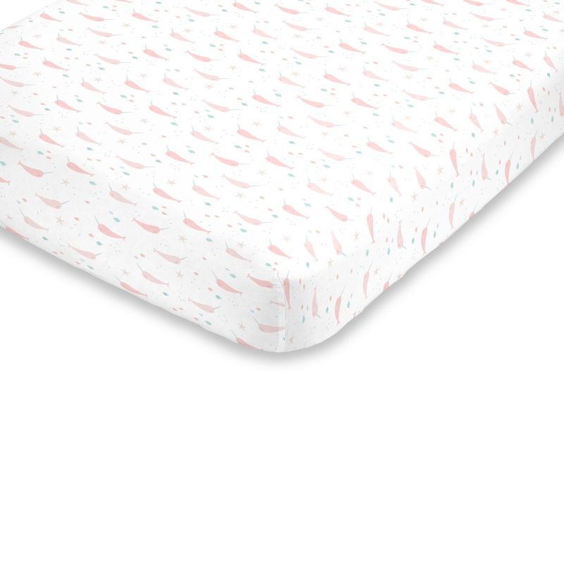 NoJo Super Soft Pink, Aqua and White Watercolor Narwhal Fitted Mini Crib Sheet, 1 of 4