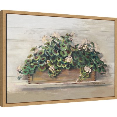 Market Geraniums Pink Blossoms Canvas Wall Art in Maple Frame