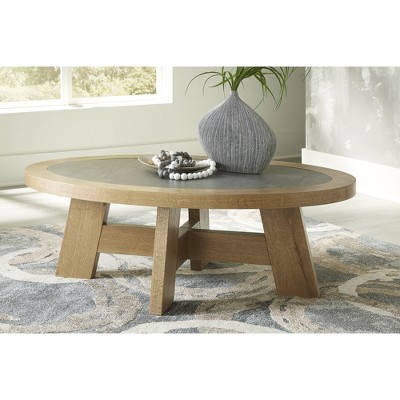 Oval Light Brown Wood Coffee Table with Faux Cement Top