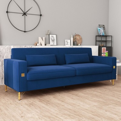 NicBex Modern 3-Seat Luxury Sofa Couch with Pillows & Gold Accents,Plush Velvet Upholstered Lounge Settee Sofa for Living Room,Bedroom