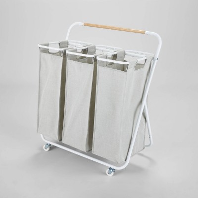 Laundry Cart 3 Bag Sorter Hamper Rolling Wheels Storage Clothes Organizer Bar 