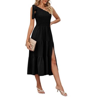 Coolmee Women's One Shoulder Sleeveless Knot Smocked Midi Dress Split  Tiered Flowy Maxi Dresses Black S : Target