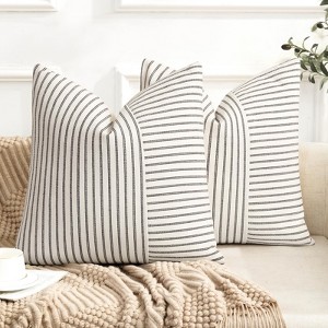 Farmhouse Pillow Covers 18x18, Modern Accent Square Throw Pillow Covers Set of 2, Black and Beige Striped Patchwork Linen - 1 of 4