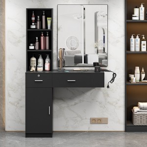 Sandinrayli Wall Mount Salon Barber Station for Hair Stylist,Hair Dressing Station with Storage Cabinet,Black - 1 of 4