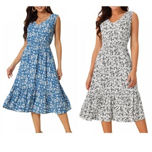 INSPIRE CHIC Women's Summer Boho Beach V Neck Sleeveless Floral Flowy Tiered Midi Dress with Pockets 2 Packs - 1 of 4