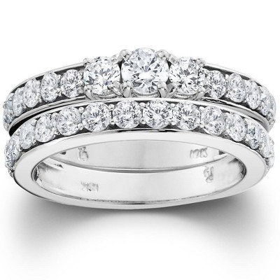 Pompeii3 2 1/6ct 3-Stone Diamond Engagement Wedding Ring Set 10K White Gold