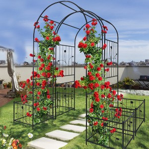 ACEPANO 86.6 in. H Outdoor Climbing Plants Support Metal Garden Rose Arch with Two Plant Stands-Black - 1 of 4