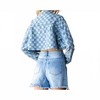 Women's Checkered Print Cutted Hem Cropped Denim Top - Veveret - 2 of 4