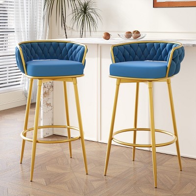 180° Swivel Barstools Set Of 2,31" Upholstered Barstools With Hand-Woven Backrest And Gold Metal Legs,Low Back Barstools -Maison Boucle