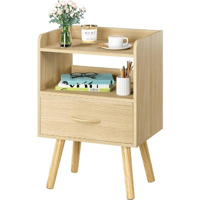 Modern Nightstand with Drawer, Bedside Tables, Mid Century Nightstands with Open Storage Shelf
