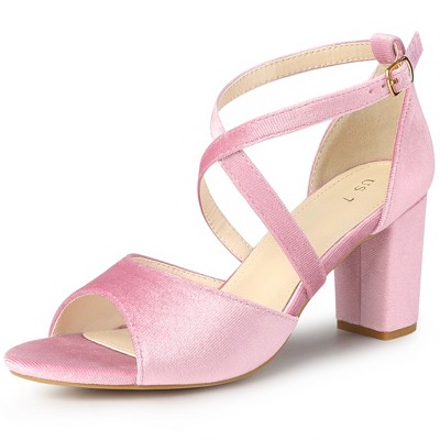 Perphy Women's Criss Cross Strap Faux Velvet Open Toe Block Heel Sandals