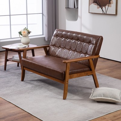 NicBex PU Leather Loveseat Sofa Modern Lounge Sofa Couch with Soft Cushion and Wood Frame for Bedroom,Living Room,Brown