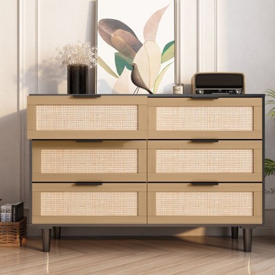 NicBex 6-Drawer Rattan Dresser,Chest of Drawers with Rattan Design,Wooden Dressers for Bedroom,Living Room,Natural Style,Oak/Black