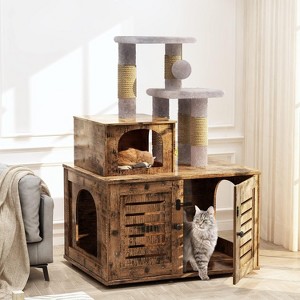Hooseng Cat Tree with Litter Box Enclosure, Cat Litter Box Enclosure with Scratching Post and Soft Plush Perch, Wooden Cat Tree - 1 of 4