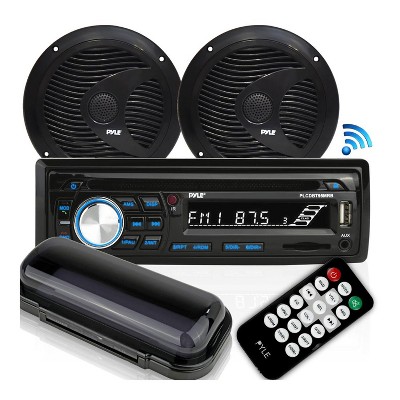 Pyle PLCDBT75MRB Single DIN Marine Bluetooth Receiver Stereo System and CD Player with 6.5 Inch Waterproof Speaker Pair and Remote Control, Black