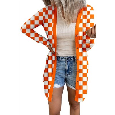 Women's Checkered Button Up Long Cardigan - Trendsi